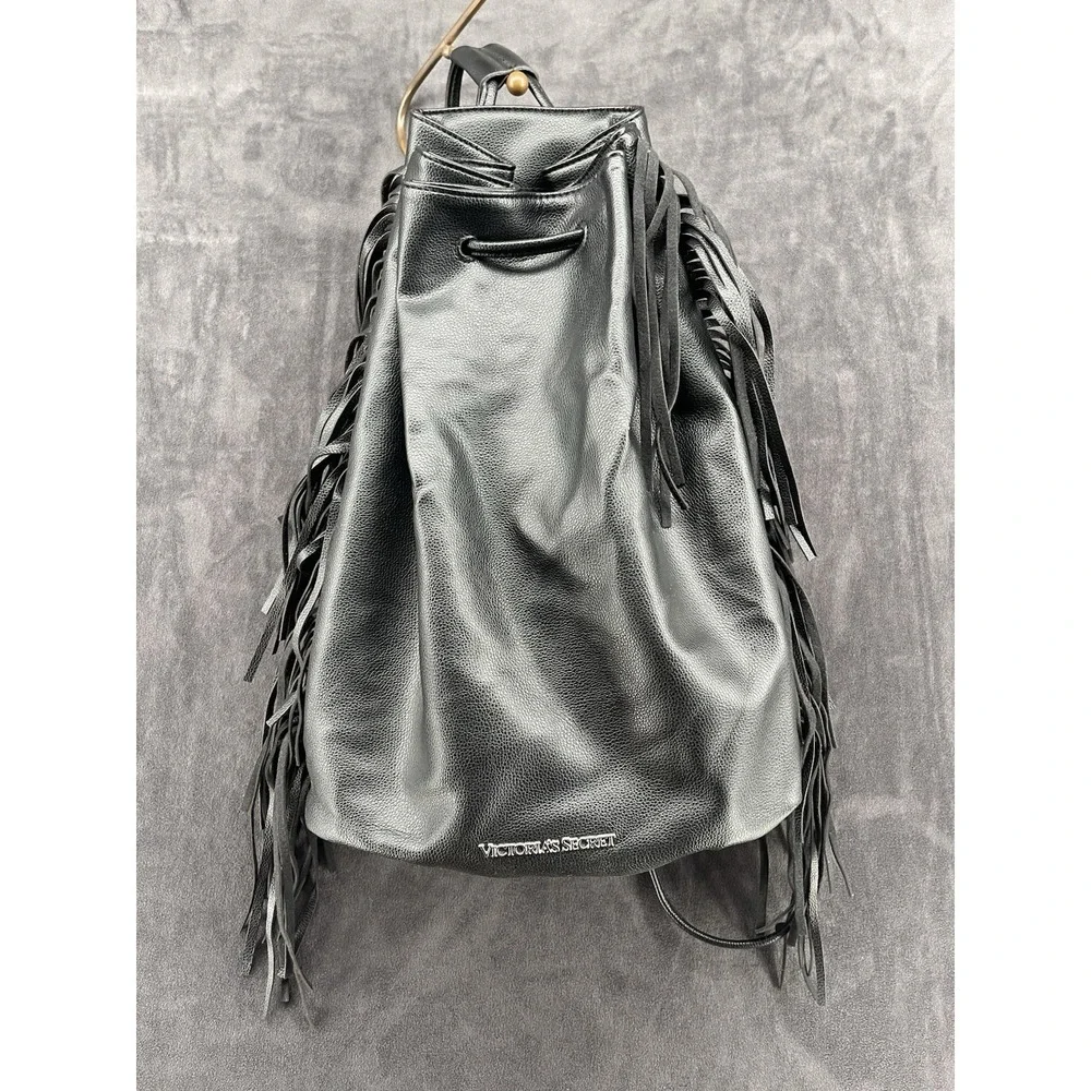 Victoria's Secret Black Fringe Backpack Faux Leather Boho Festival Bag Large
